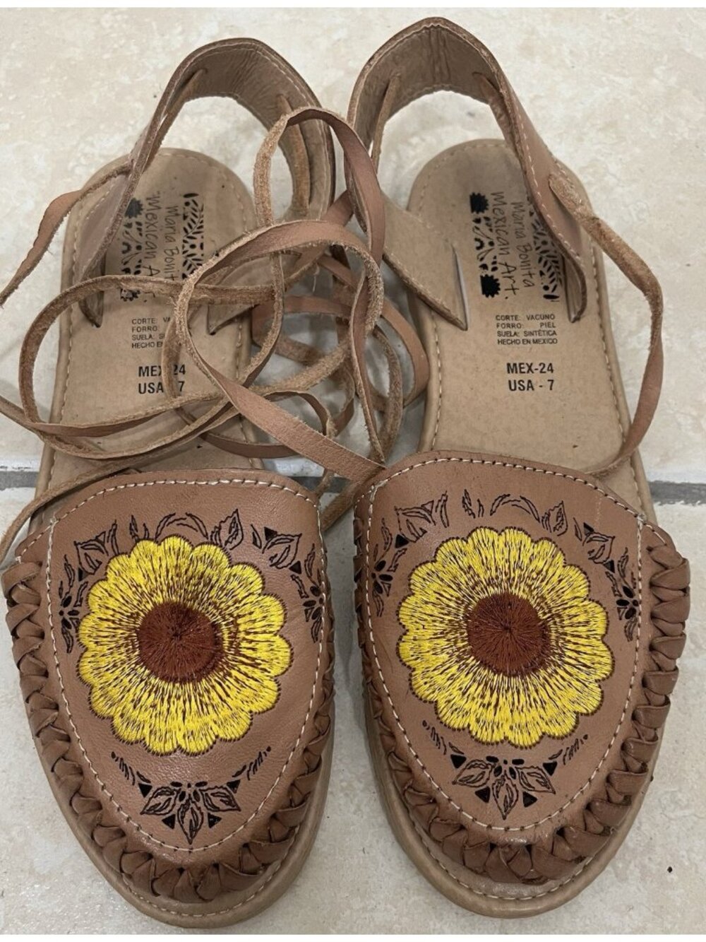 Mexican Huaraches Leather Sandals Women Size 7 Embroidered Sunflower Boho Folk